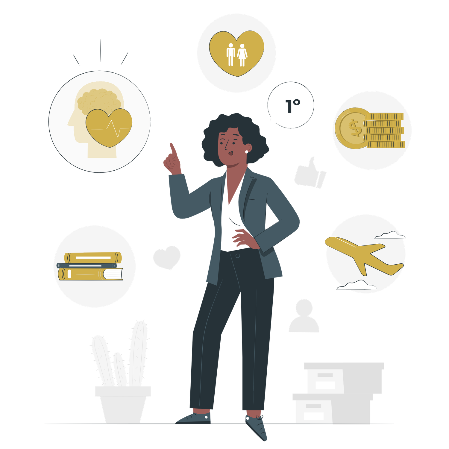 Professional Black woman pointing upward surrounded by icons representing love, travel, money, and education concepts.