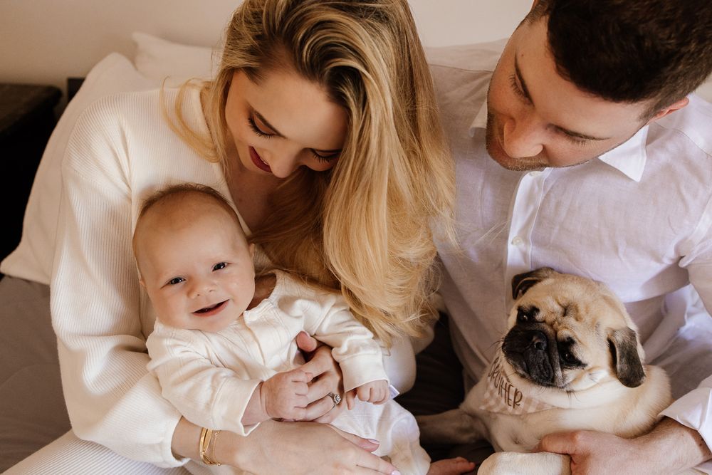 A family snuggles a newborn baby on their bed with their dog at their in-home Bay Area newborn photography session