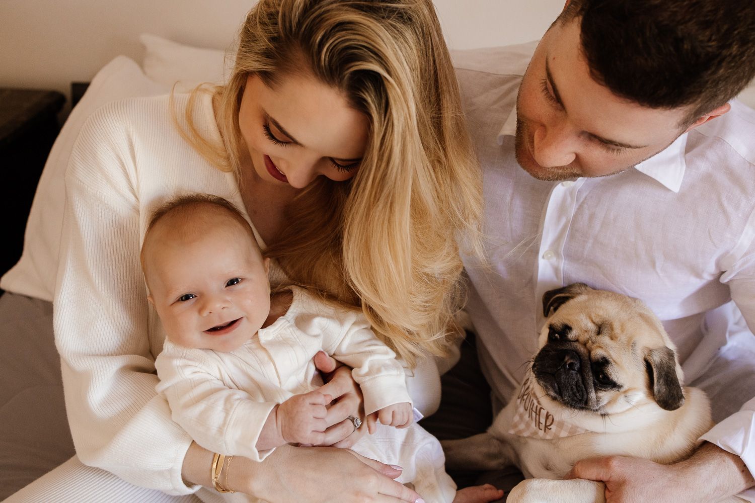 A family snuggles a newborn baby on their bed with their dog at their in-home Bay Area newborn photography session