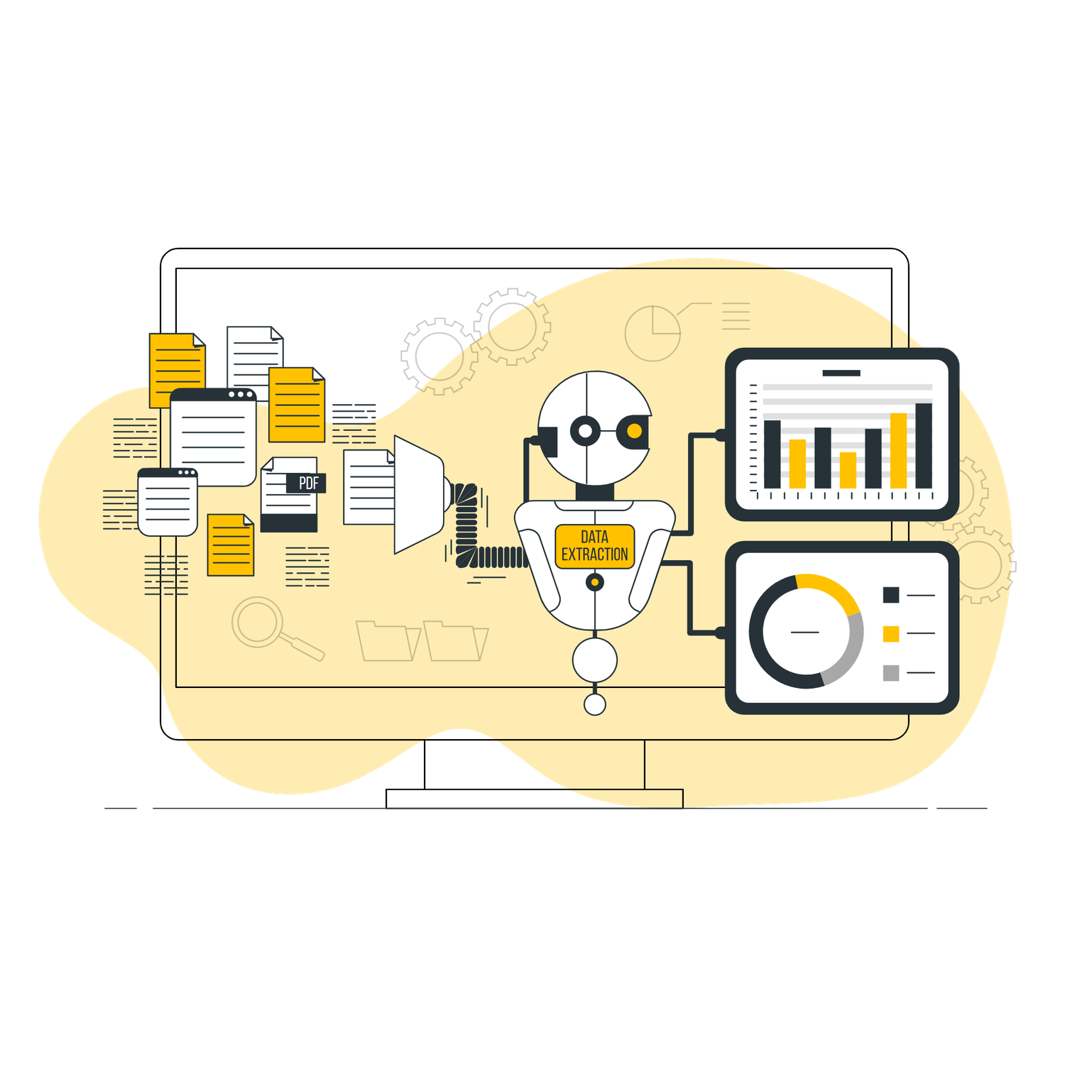 AI robot automating data processing with charts, documents, and analytics dashboard on a computer screen illustration.