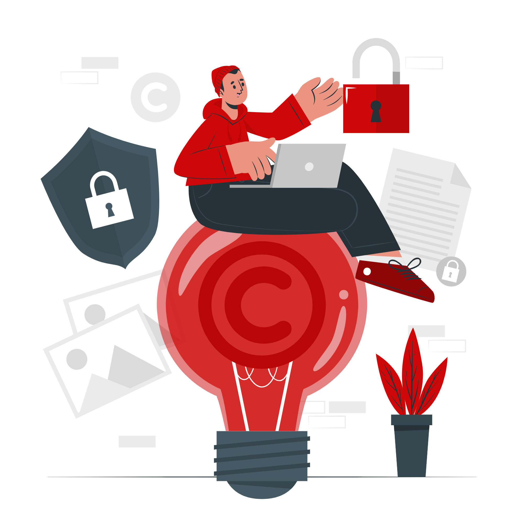 Illustration of a person sitting on a light bulb with copyright symbol, surrounded by security locks and IP protection icons.