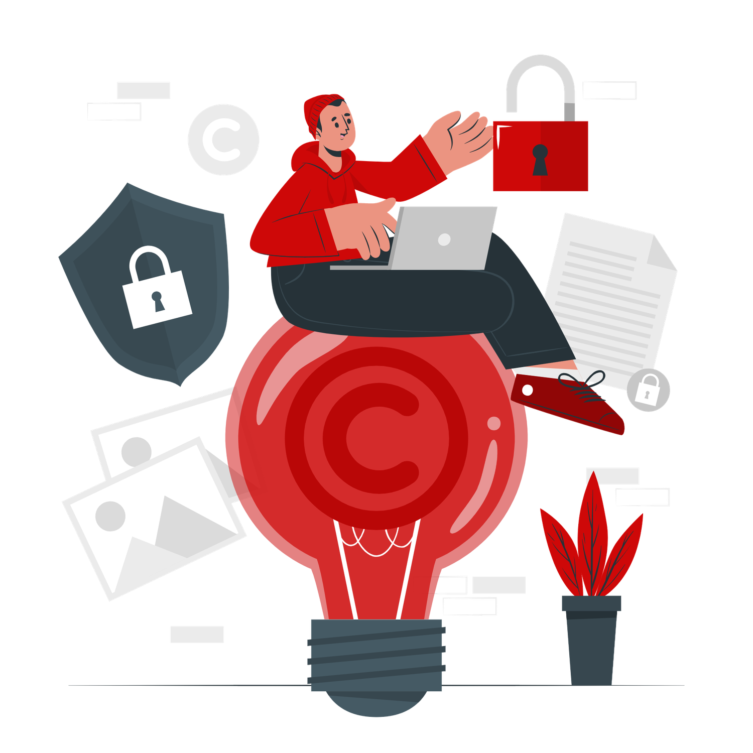 Illustration of a person sitting on a light bulb with copyright symbol, surrounded by security locks and IP protection icons.