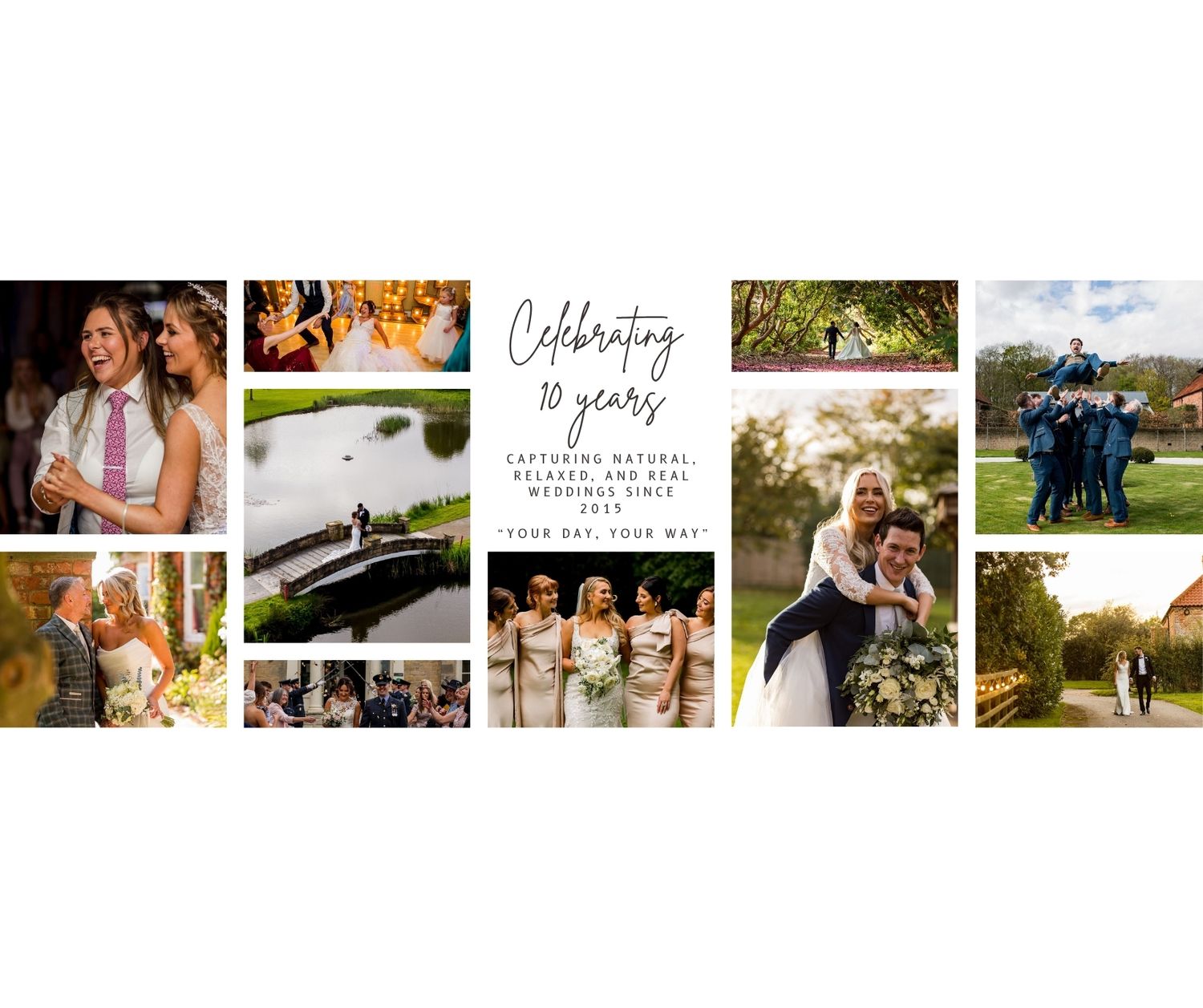 A collection of candid wedding photos showing various moments throughout the celebration.