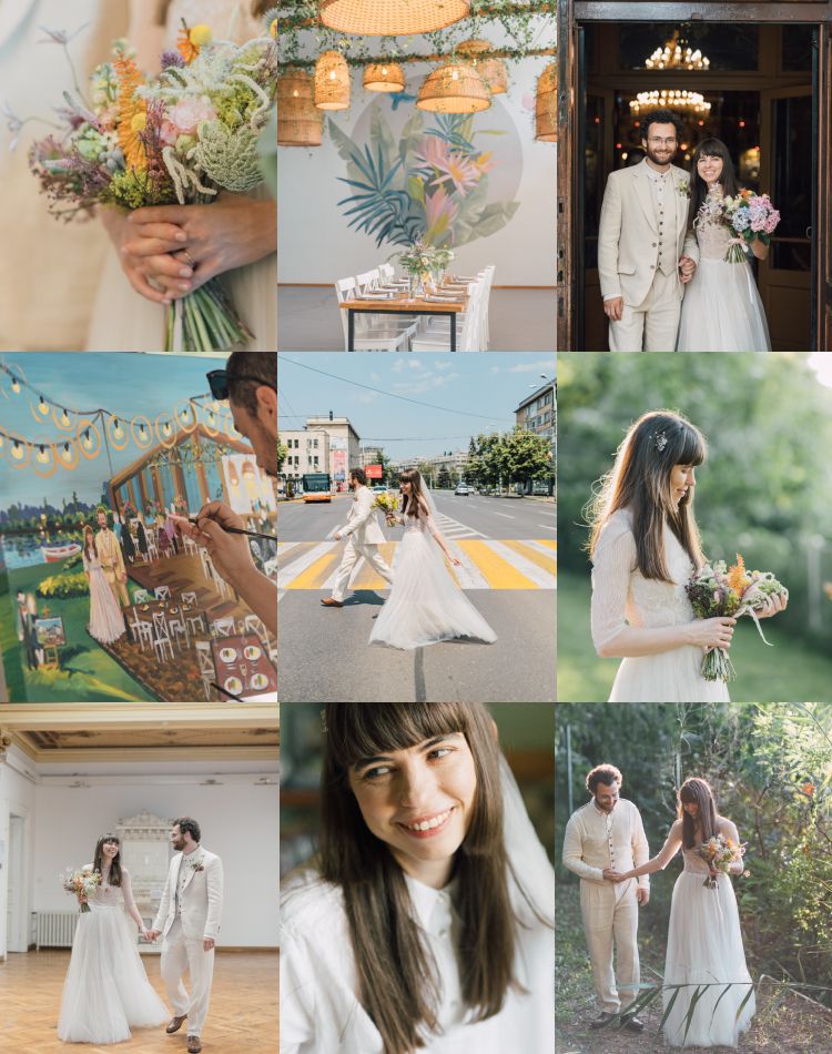 Collection of romantic wedding moments captured in a photo collage.