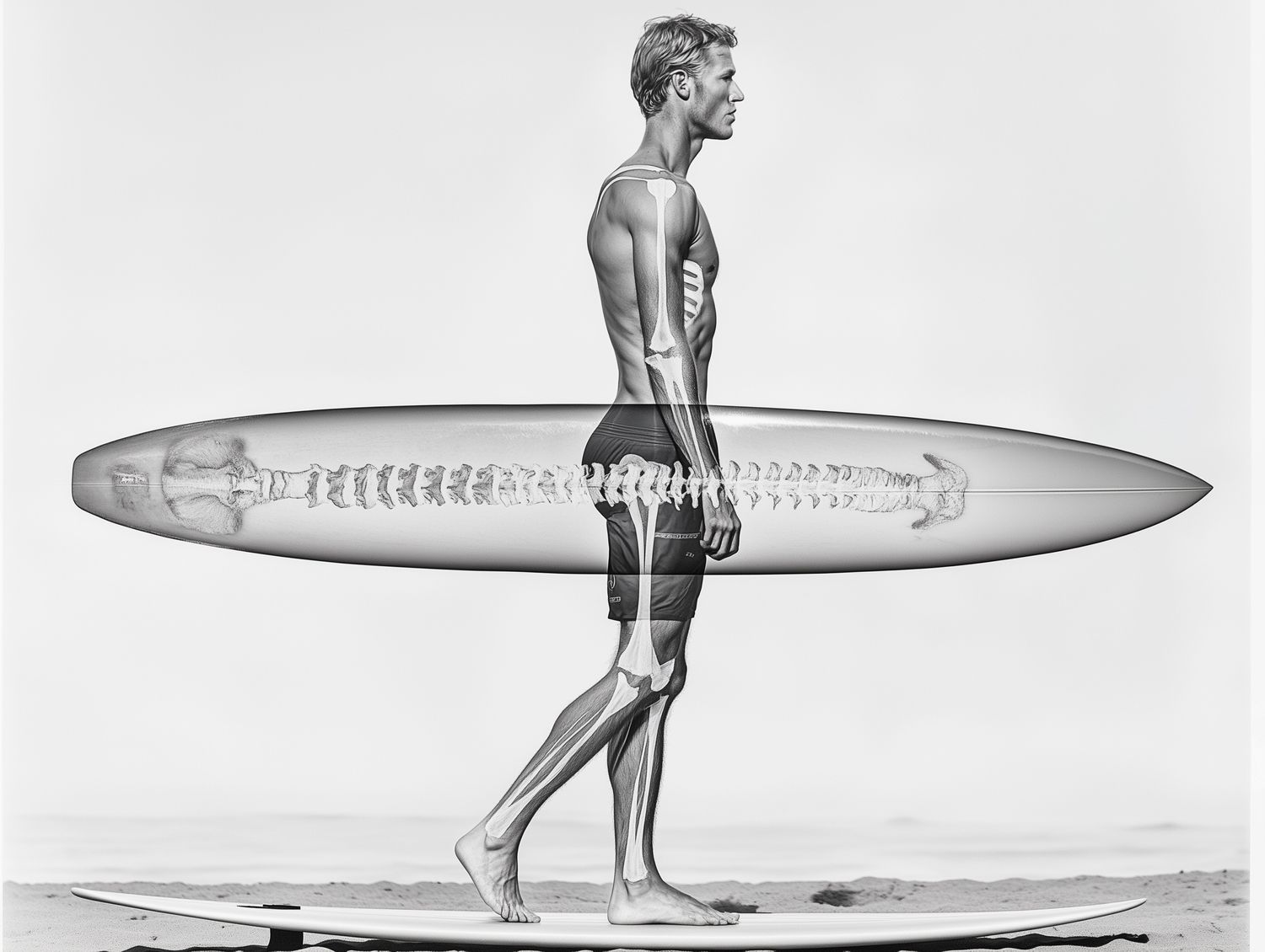 xray image of man with a surfboard