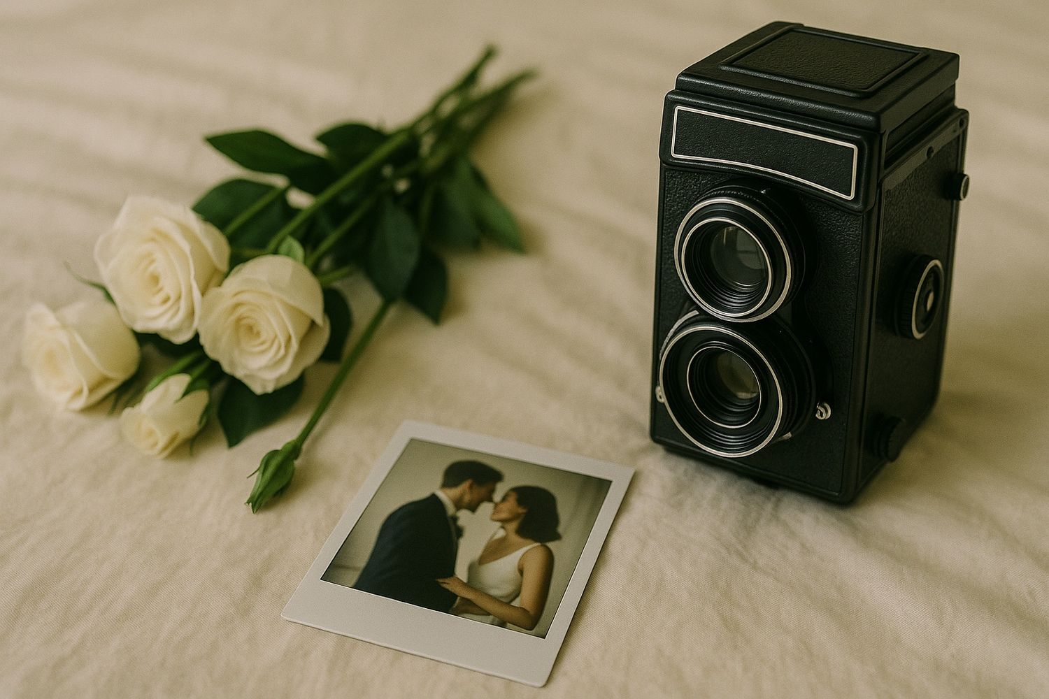 Vintage medium format Hasselblad camera alongside delicate white roses on beige linen fabric backdrop.