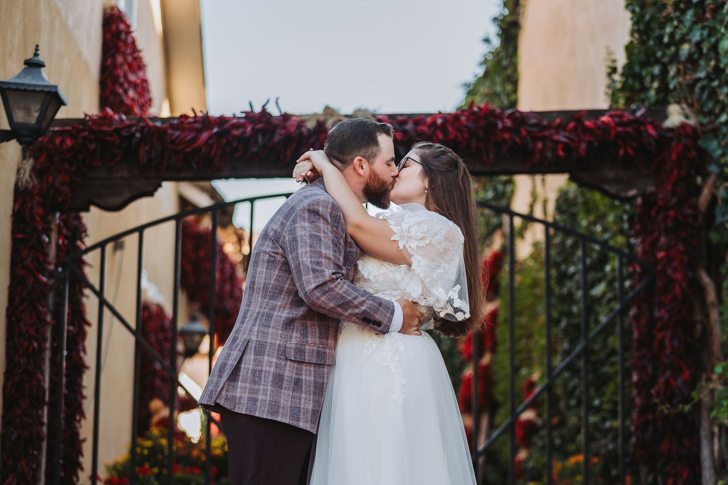 A collage of wedding photos showing romantic moments and celebrations in an outdoor garden setting.
