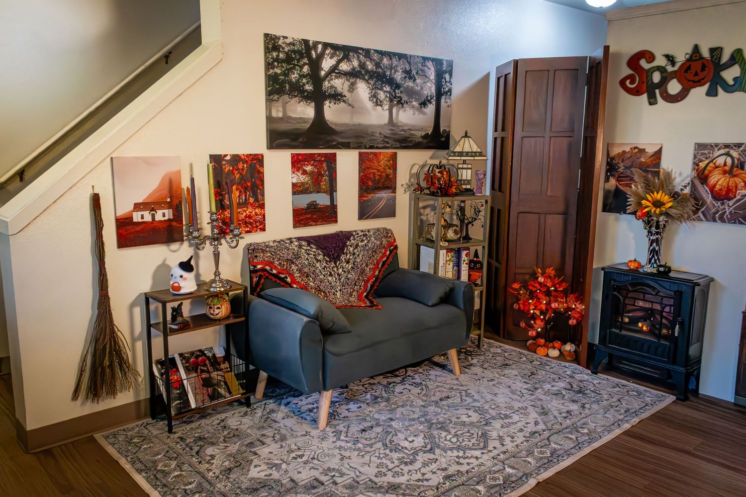 A panoramic view of a modern home interior with Christmas decorations, including garlands and holiday accents.
