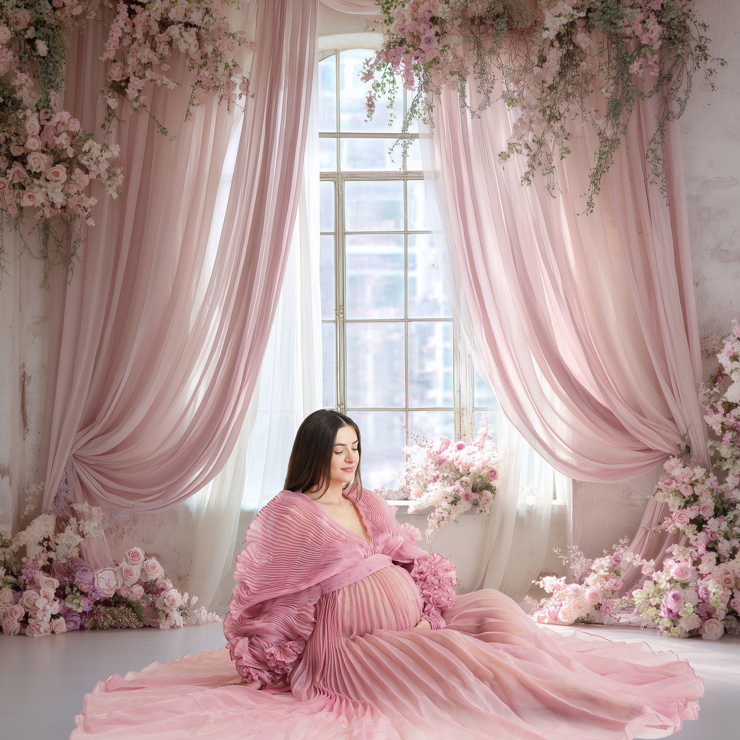 Soft-light maternity photography showcasing pregnancy by a Maternity Photographer In Dubai