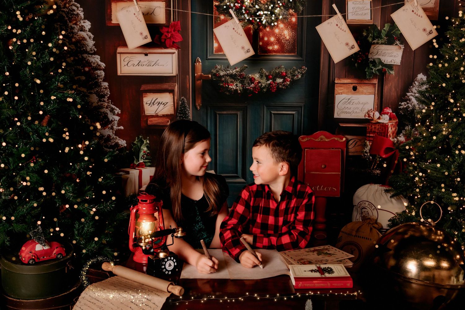 brother & sister writing letters to santa christmas family photos near me