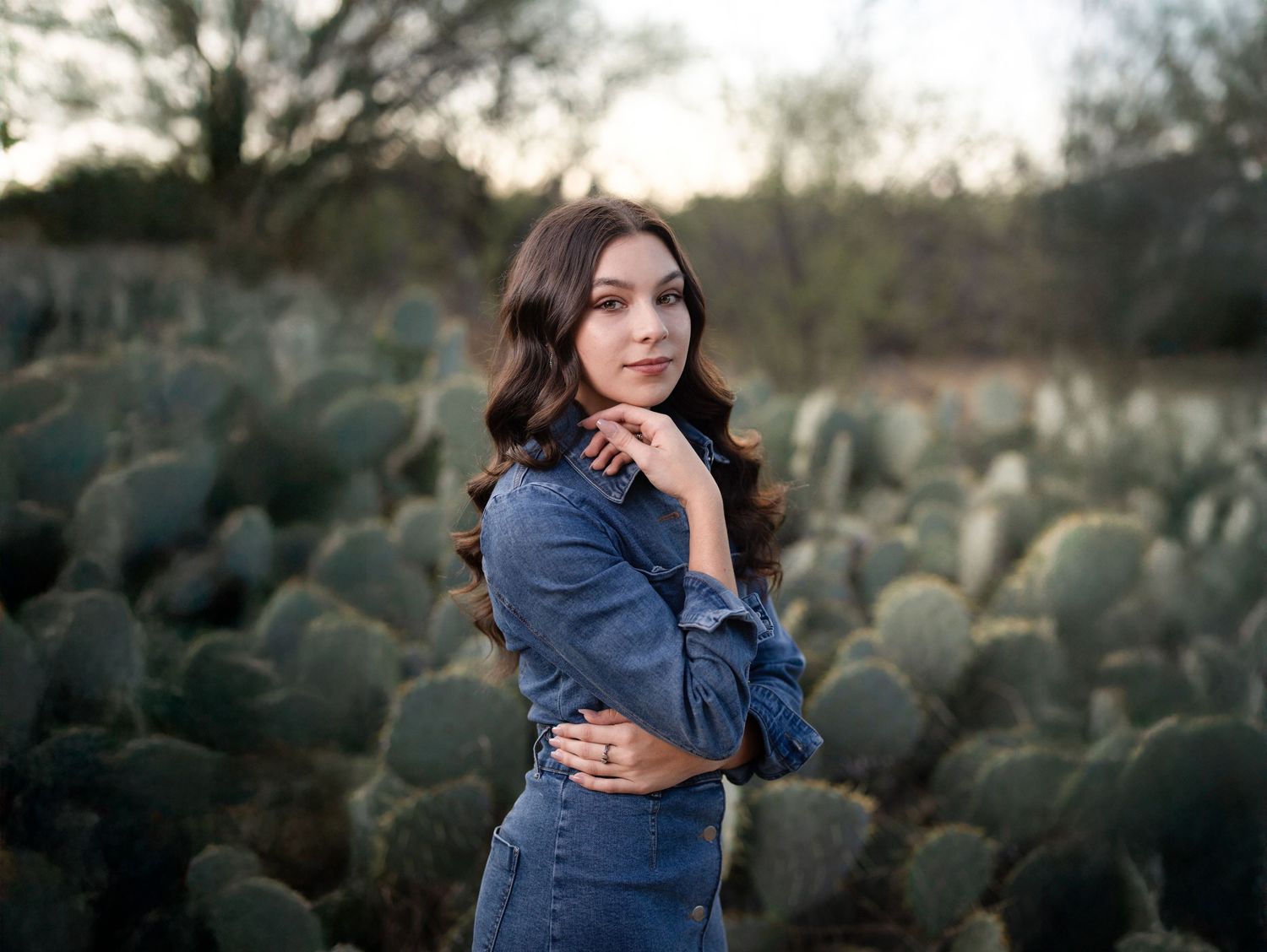 A person in a denim jacket poses thoughtfully in front of a desert landscape with cacti at sunset.