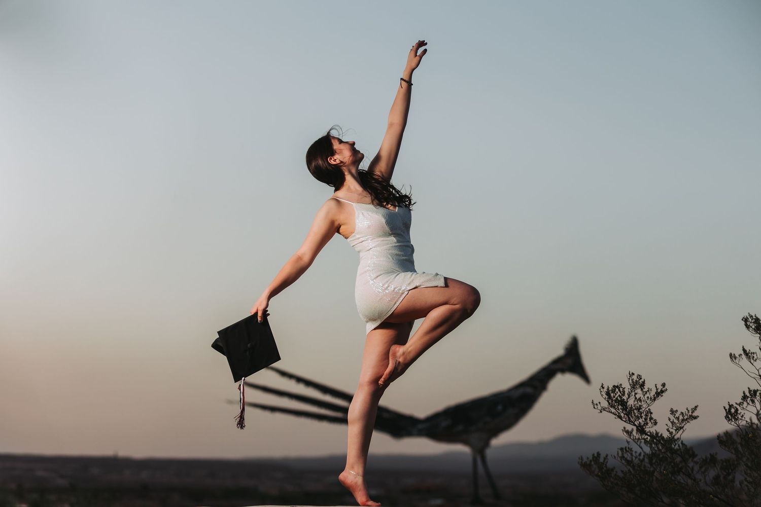 Silhouettes of dancers performing graceful ballet moves against a hazy sunset sky in a sequence of photographs.
