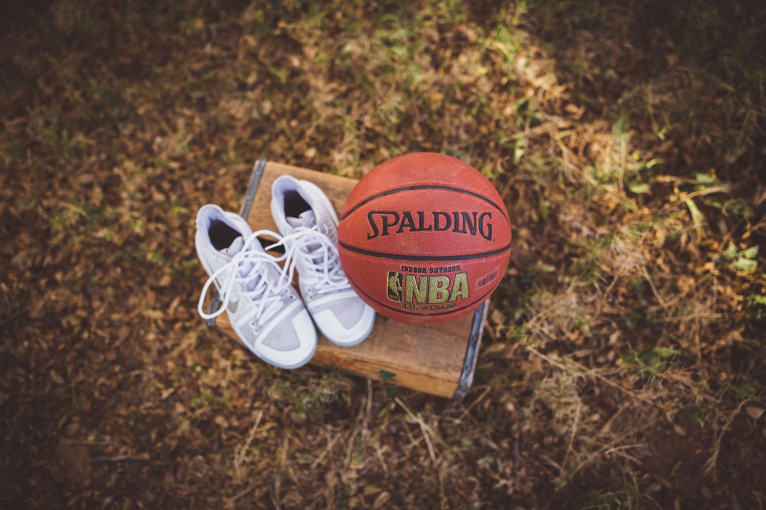 Aerial view of dried autumn leaves with basketball, white sneakers, and brown leather notebook arranged on ground.