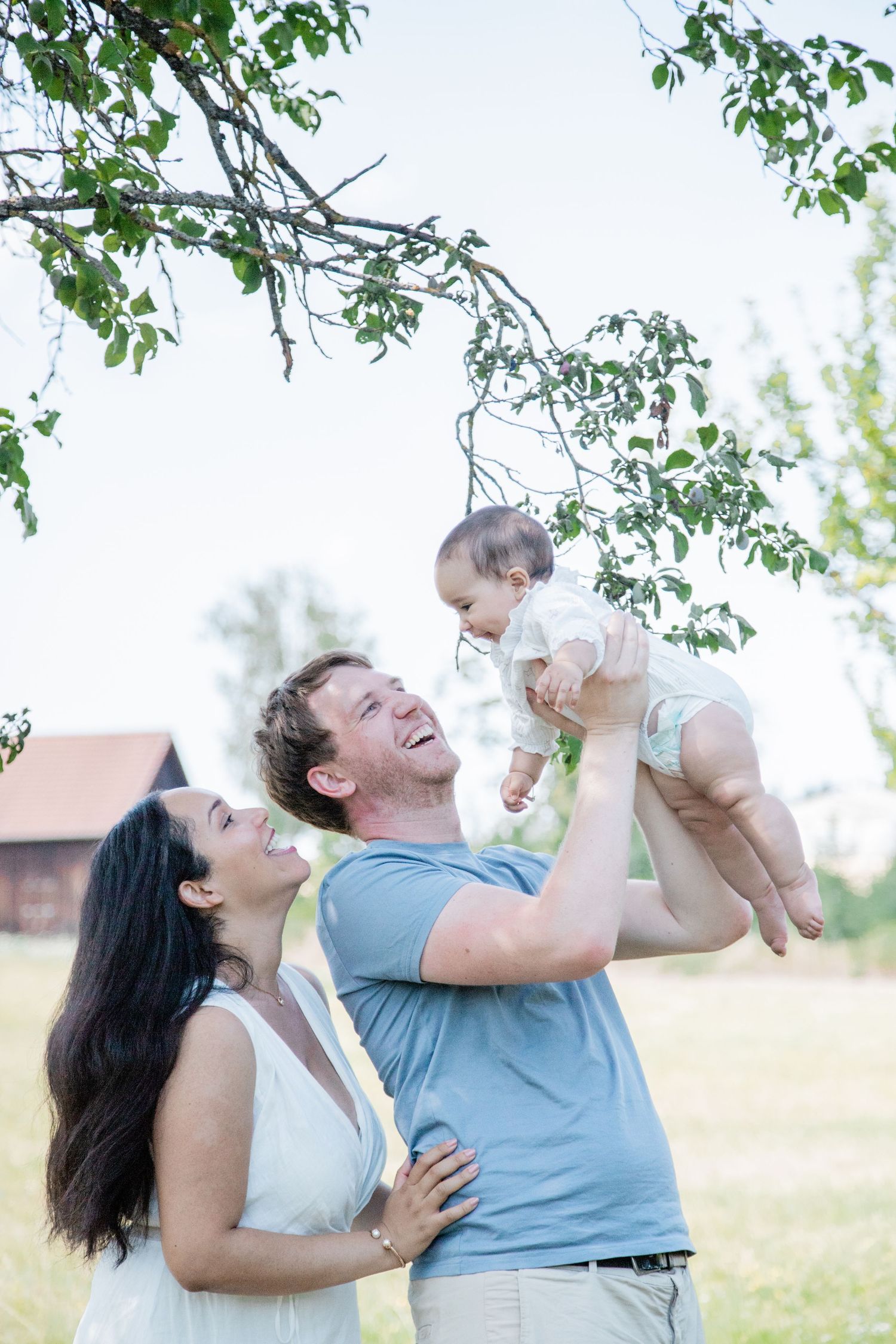 A joyful family plays together outdoors in a series of four candid moments lifting a baby against a natural background.