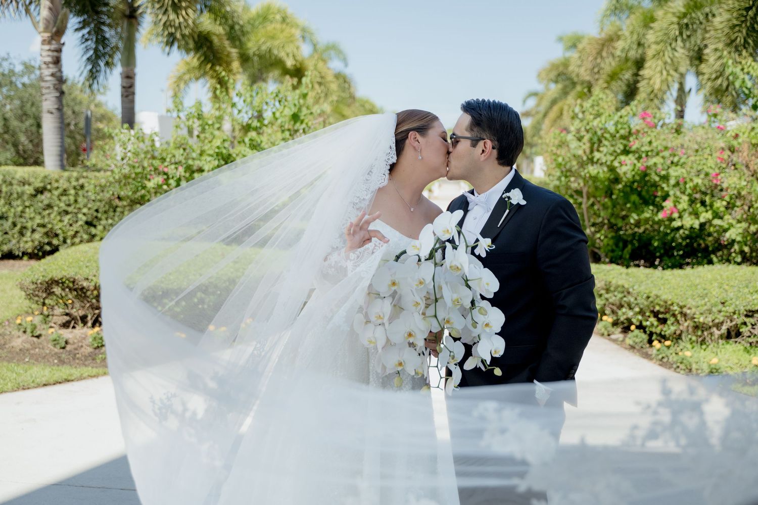 Wedding couple embraces under flowing white veil in tropical garden setting with palm trees in background.
