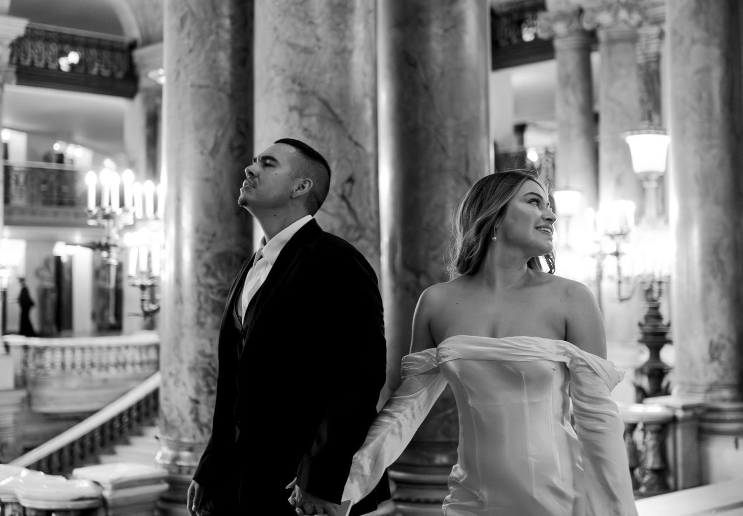 Palais Garnier Paris Opera House timeless engagement photos by Paris cinematic photographer. Paris timeless photography. Film.