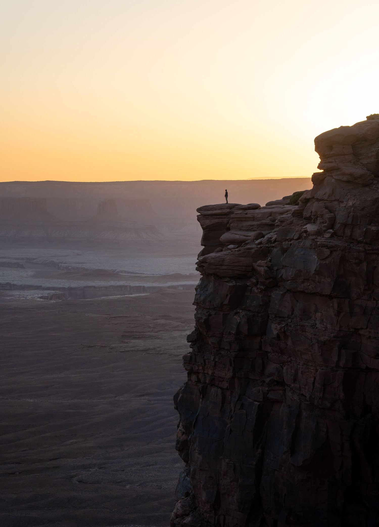 A silhouetted figure stands on a dramatic cliff edge against a golden sunset over a vast desert landscape.