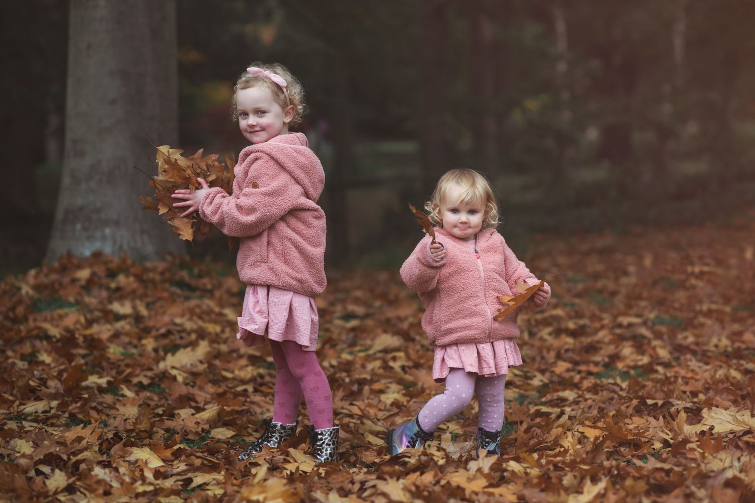 Two children in pink coats play together in fallen autumn leaves on a misty day.