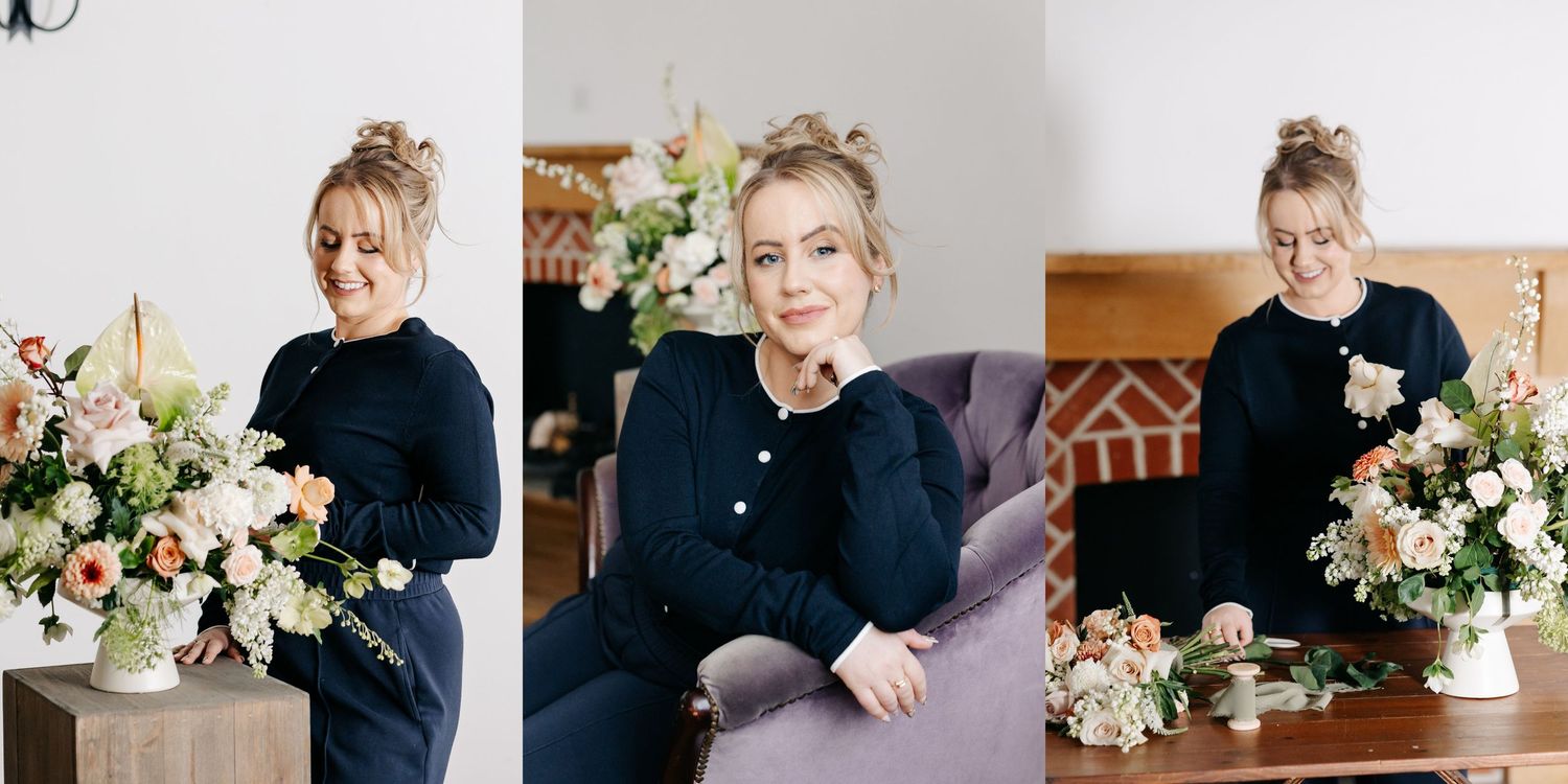 A collection of branding photos for a florist showing floral arrangements, cake details, and soft romantic styling elements.