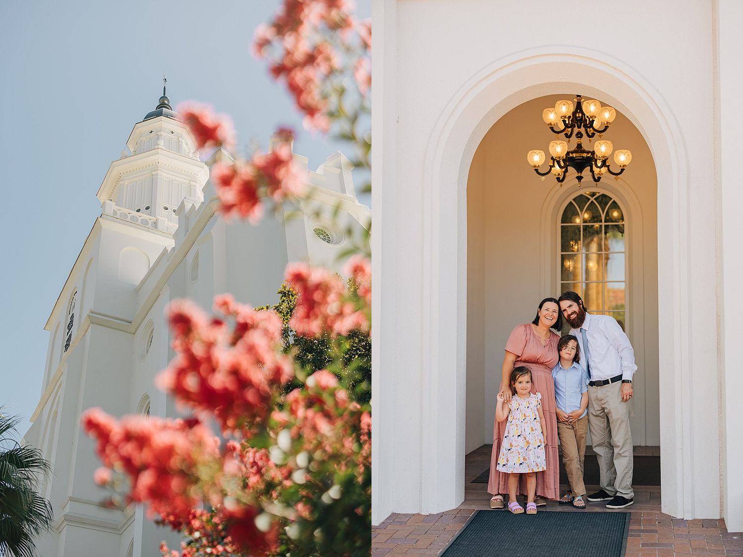 Family of four poses under an arched entryway of an LDS temple, with pink flowers framing a white spire nearby.
