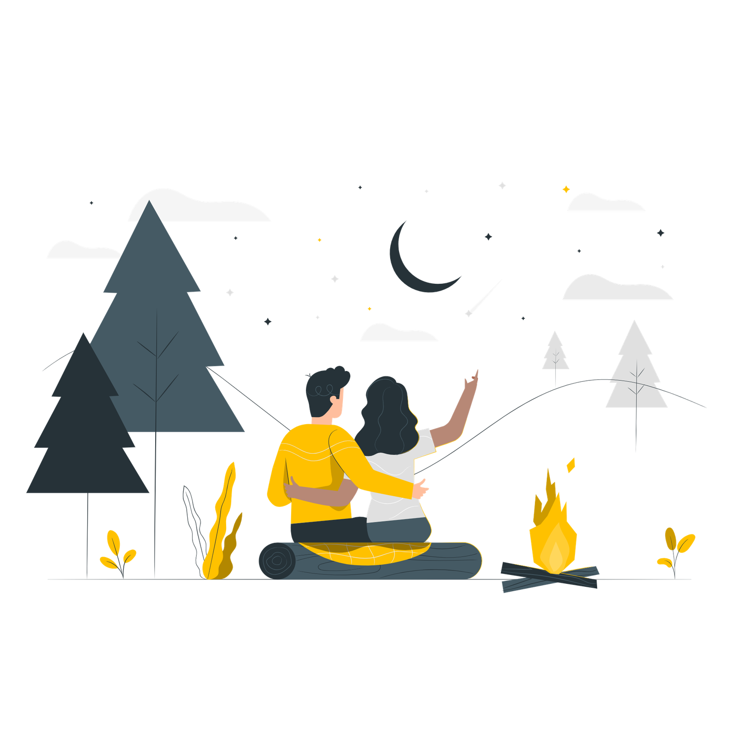 Illustration of a couple sitting by a campfire under a crescent moon at night.