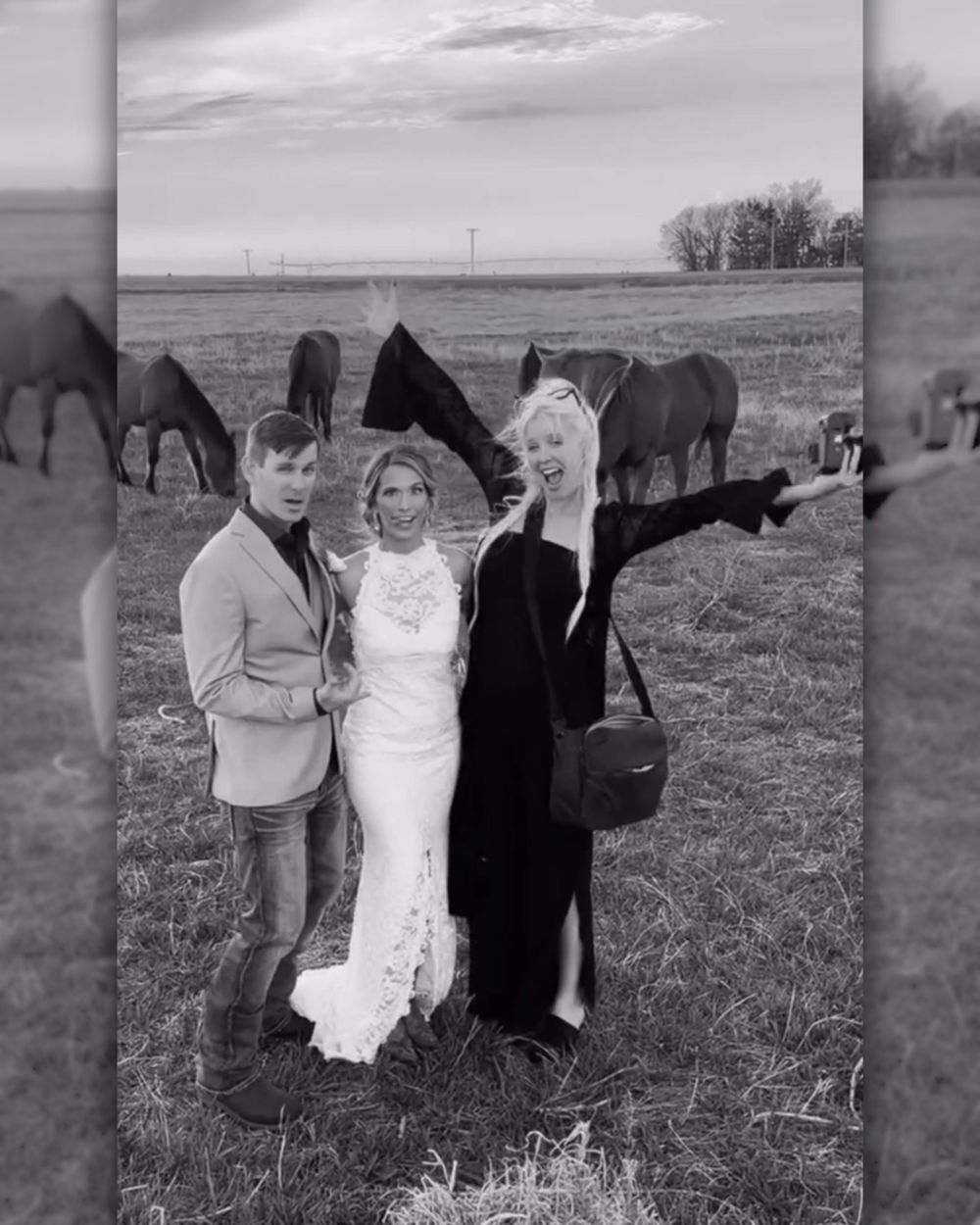 Black and white photo of three people posing in a field with horses, one wearing a wedding dress.