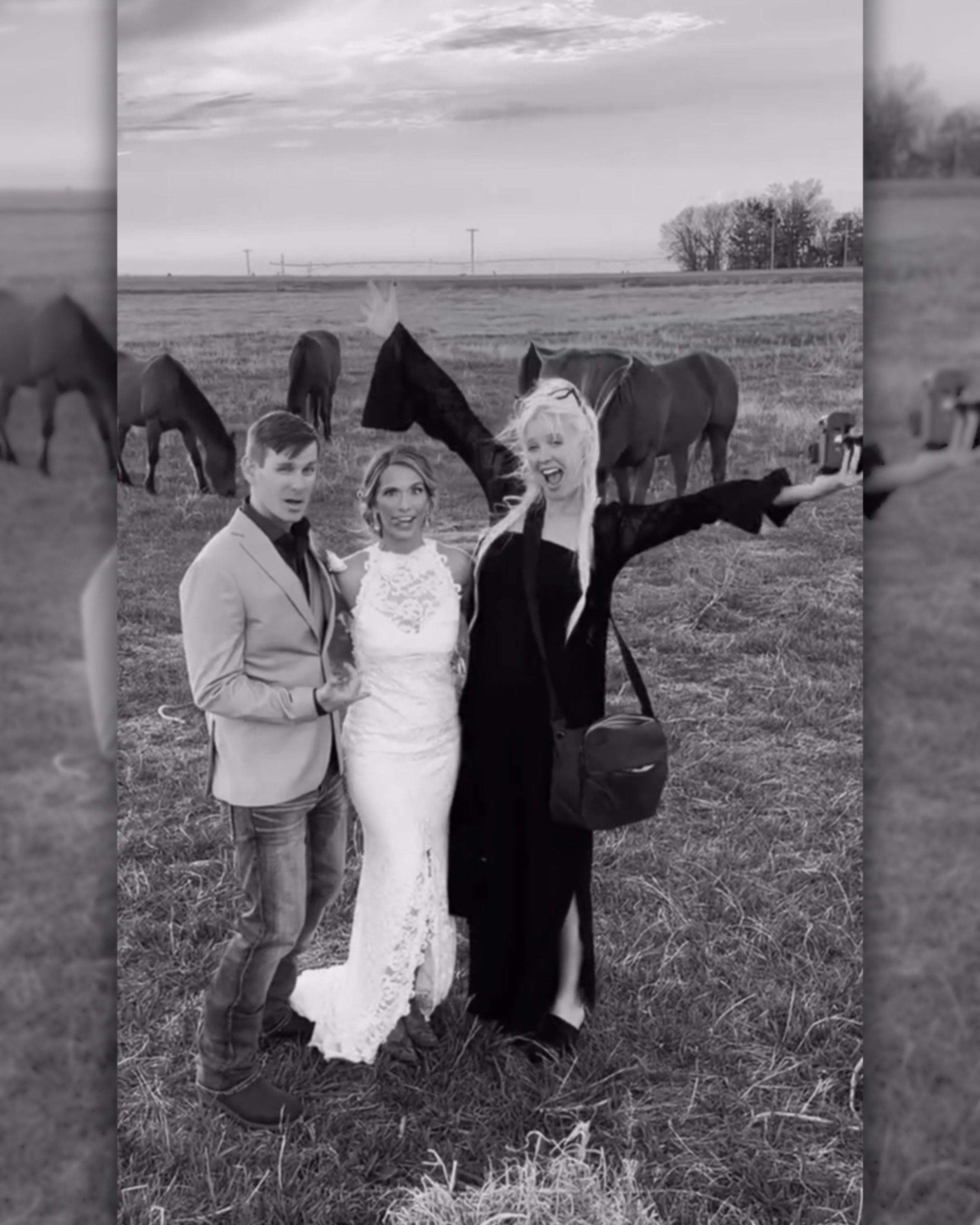 Black and white photo of three people posing in a field with horses, one wearing a wedding dress.
