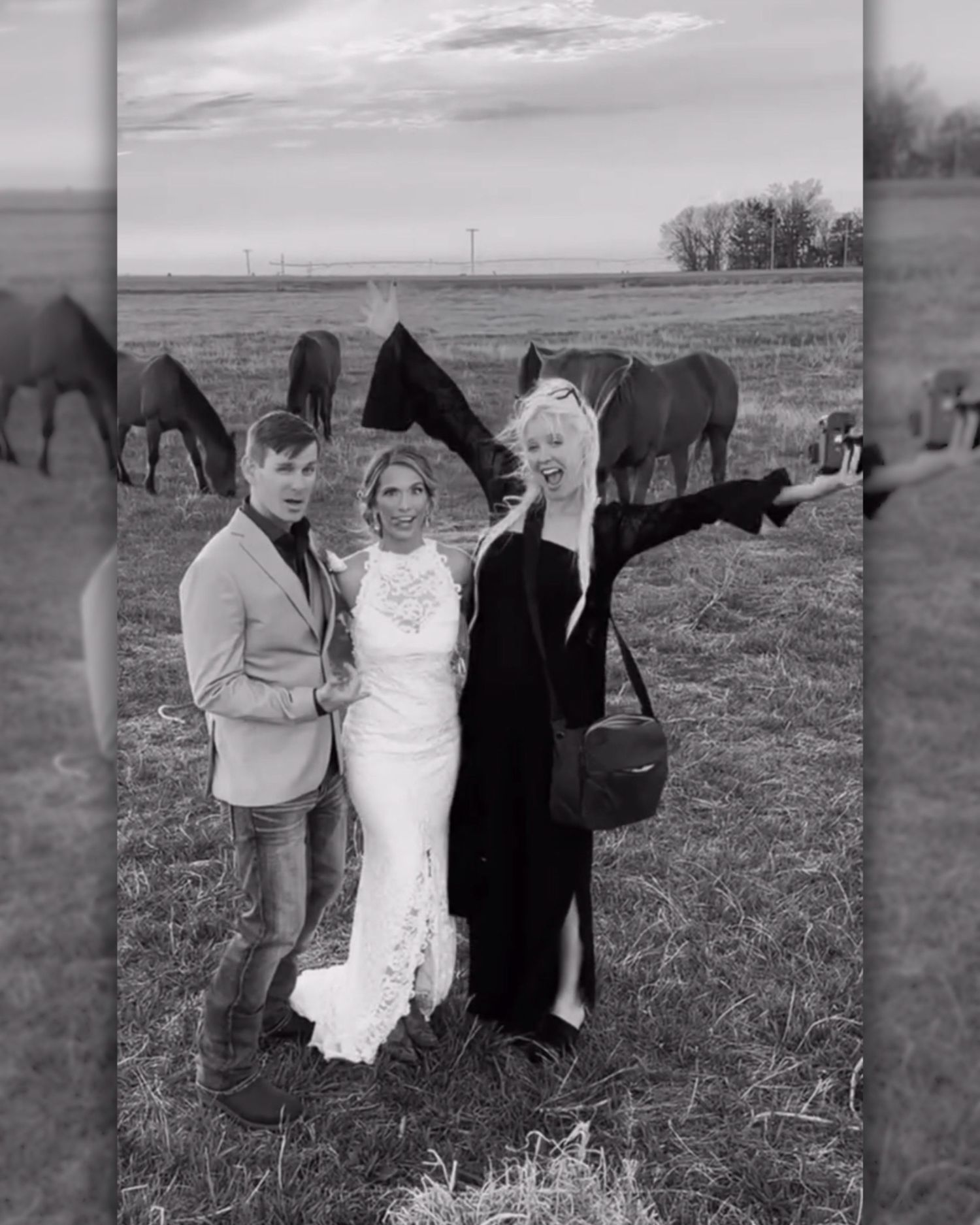 Black and white photo of three people posing in a field with horses, one wearing a wedding dress.