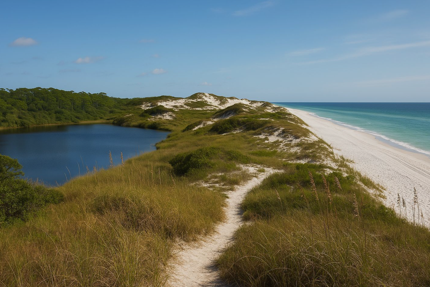 A scenic coastal path winds through sand dunes and beach grass along the Gulf Coast shoreline on a sunny day.