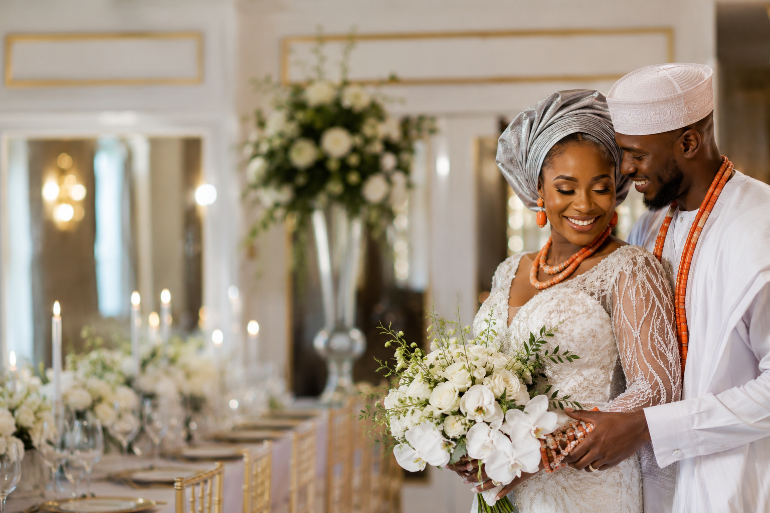 Bride and groom share a romantic moment in front of an ornate fountain, bride holding a bouquet in a white gown.