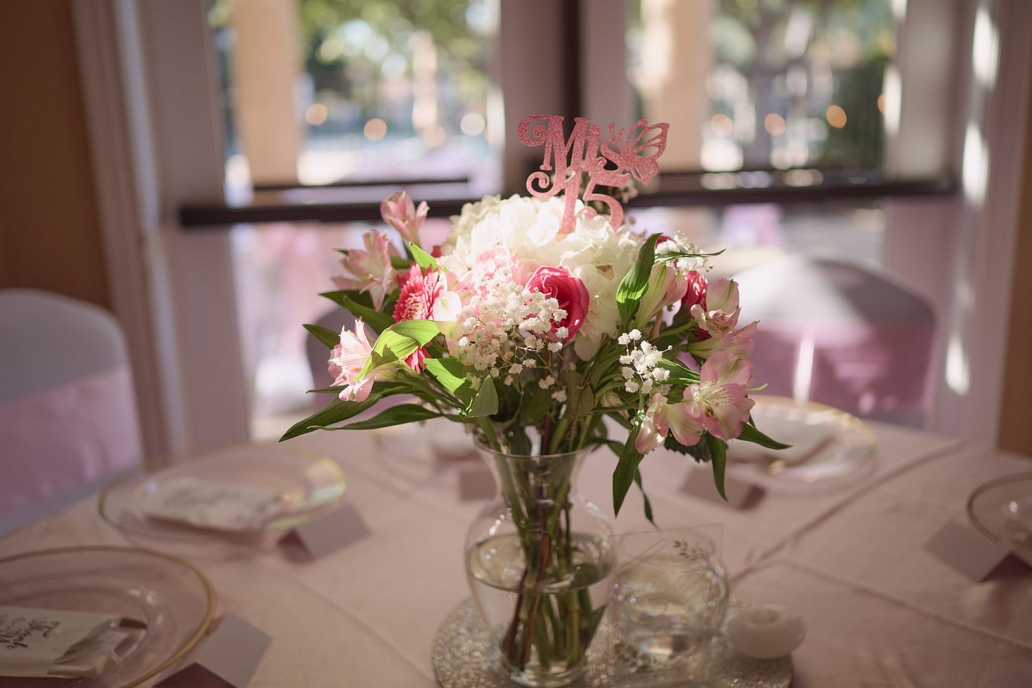 A person wearing a flowing pink ballgown with lace details poses gracefully in a sunlit room with windows.