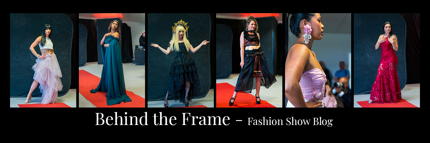 Models showcase elegant gowns on a red carpet runway at a fashion show, featuring dramatic styles in red, black, and pastel hues.