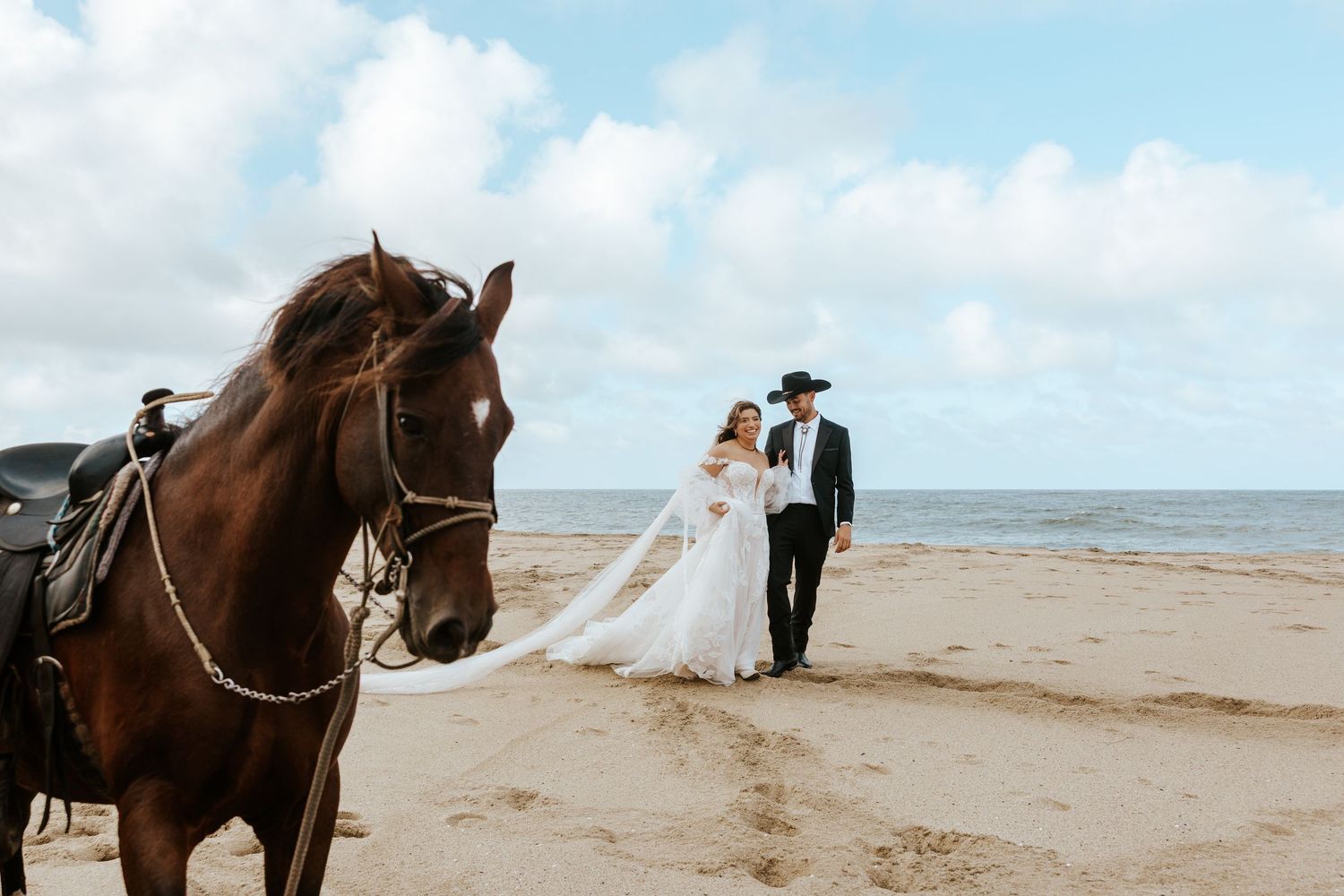 Couple riding horses on their elopement day in san francisco bay area
