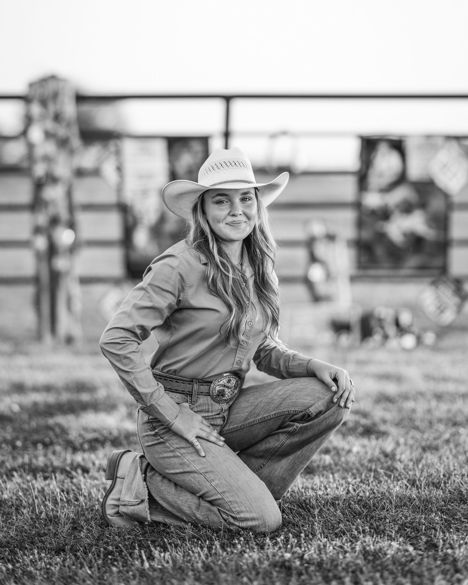 Black and white photo series showing someone in western attire crouching in grass at different angles.
