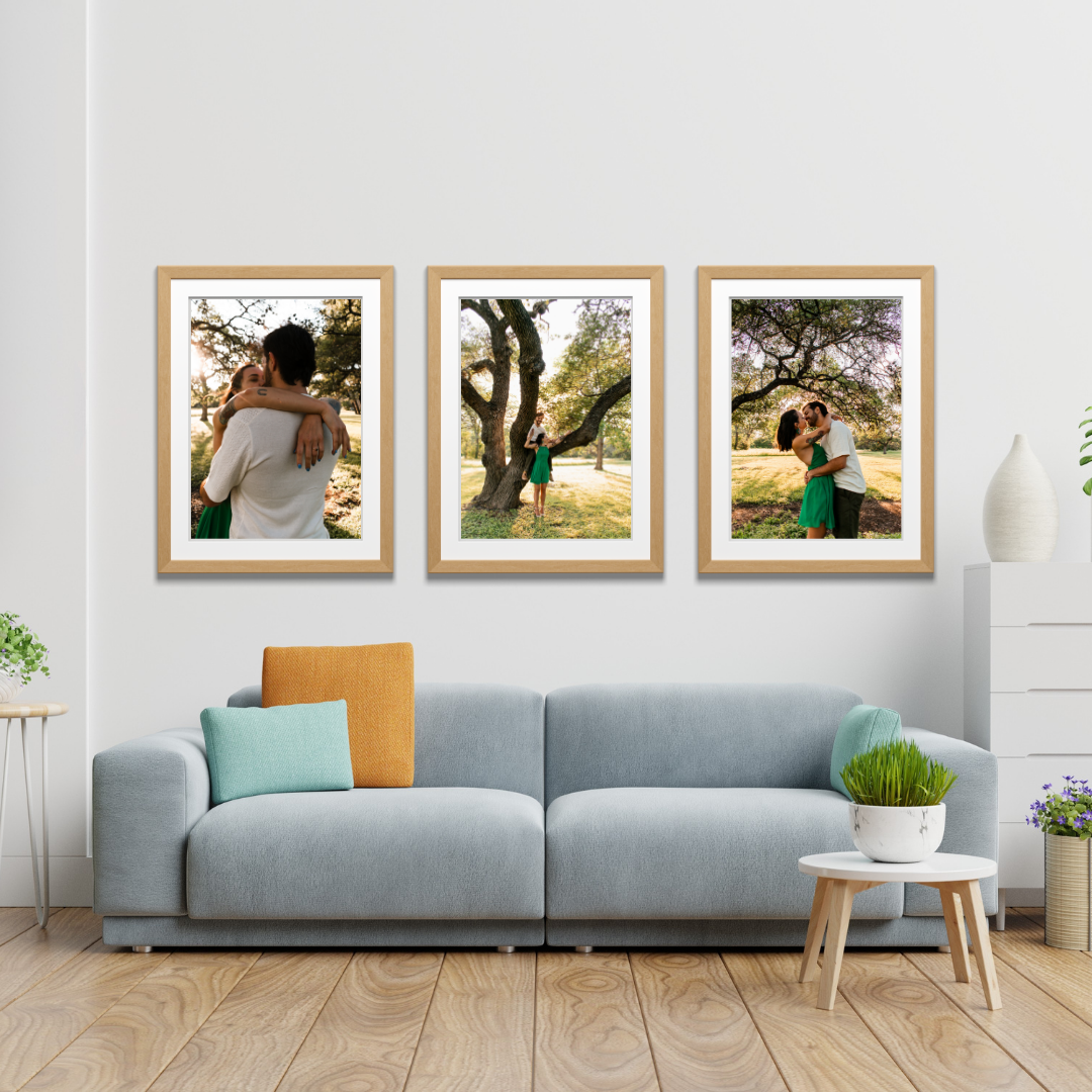 Custom wall art displayed in living room featuring engagement session at Circle C Park in Austin Texas
