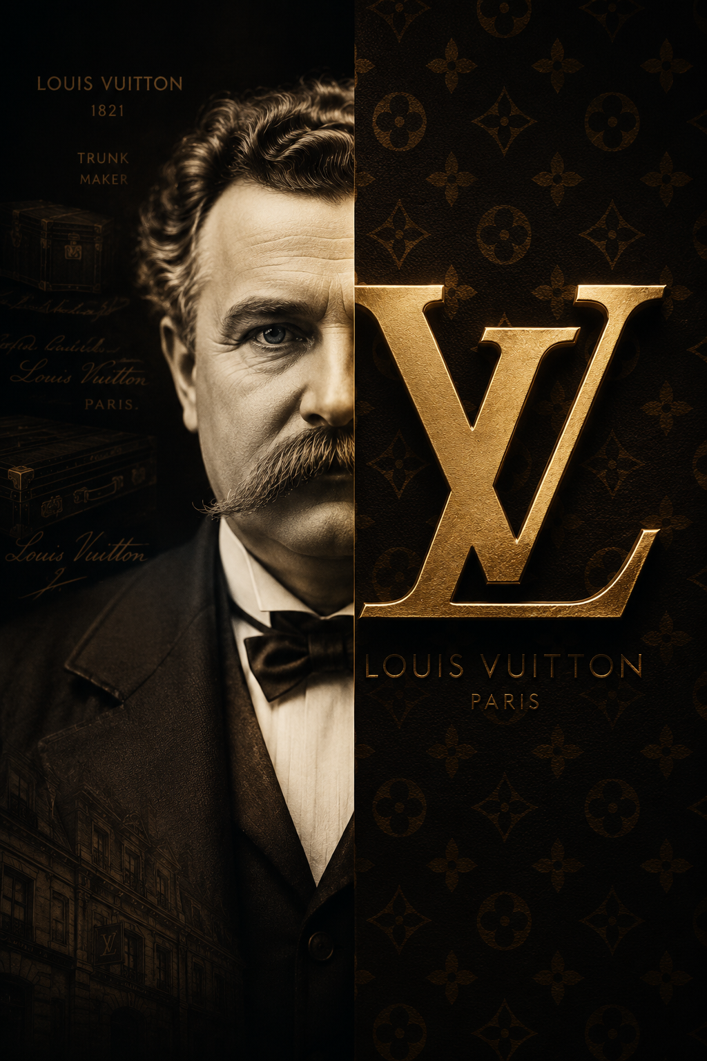 Split portrait of Louis Vuitton founder beside the iconic LV gold monogram logo on dark luxury background.