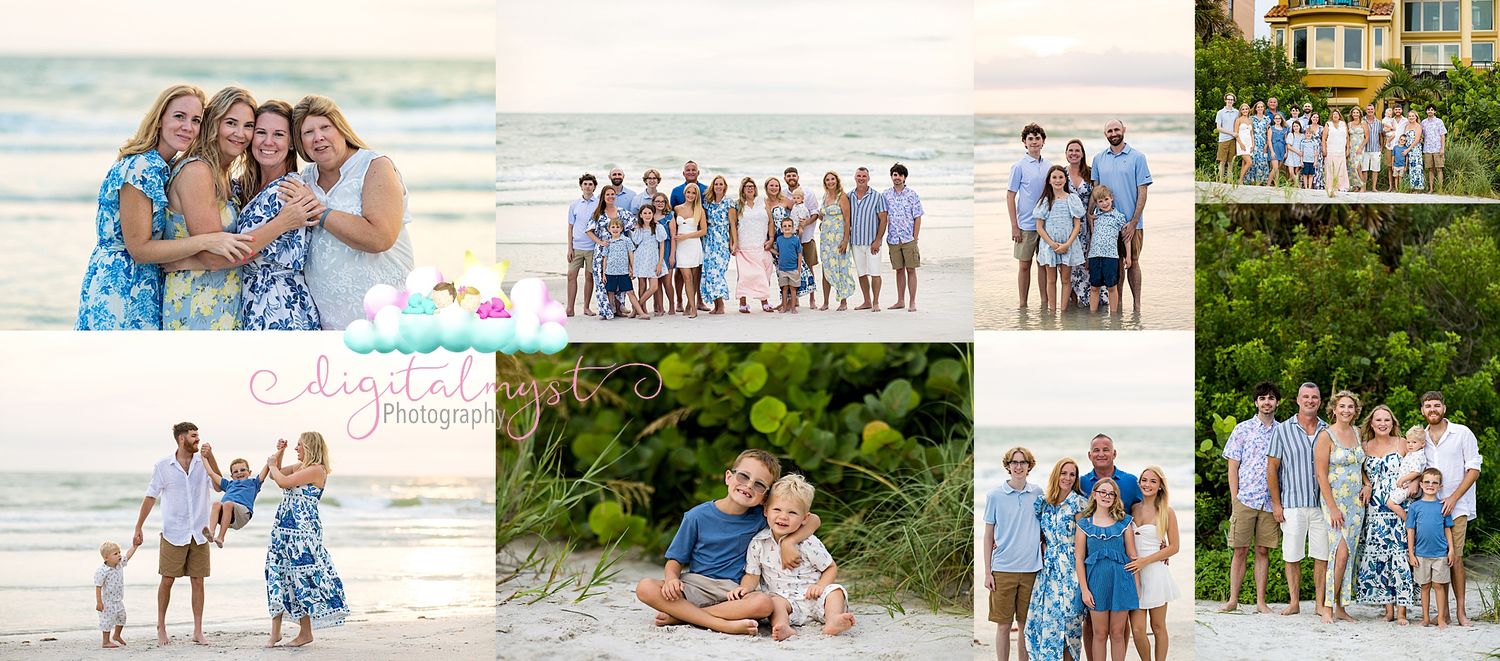 Family beach portrait session with multiple generations posing on sandy shore in coordinating blue and white outfits.