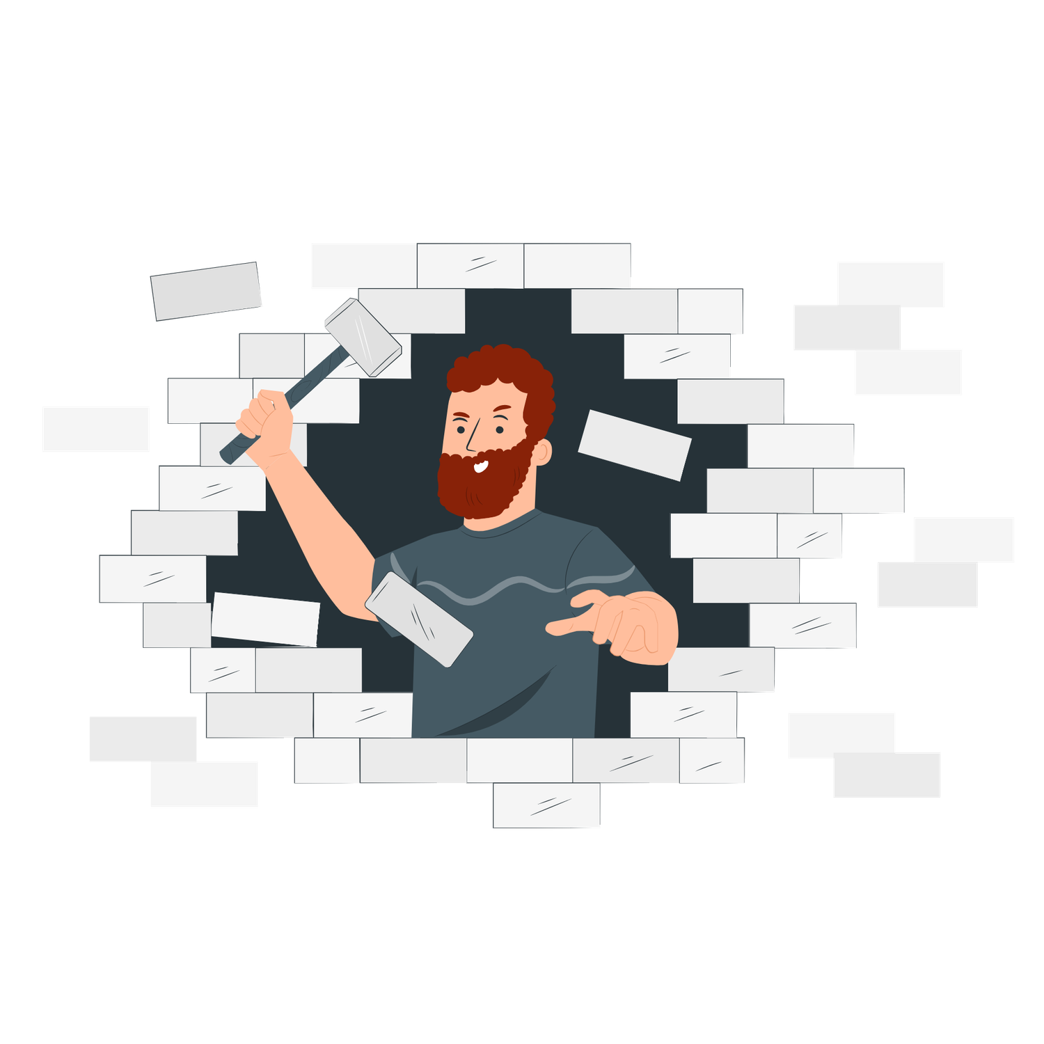 A bearded man breaks through a brick wall wielding a hammer, symbolizing breakthrough and determination.
