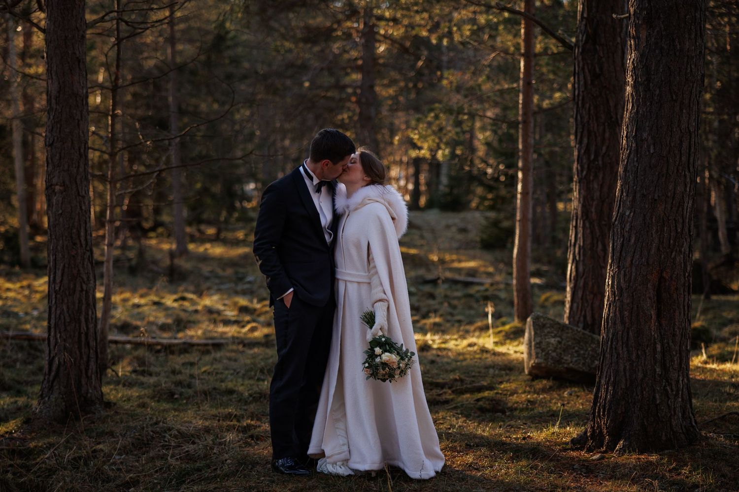 Wedding couple shares intimate moment in sunlit pine forest.