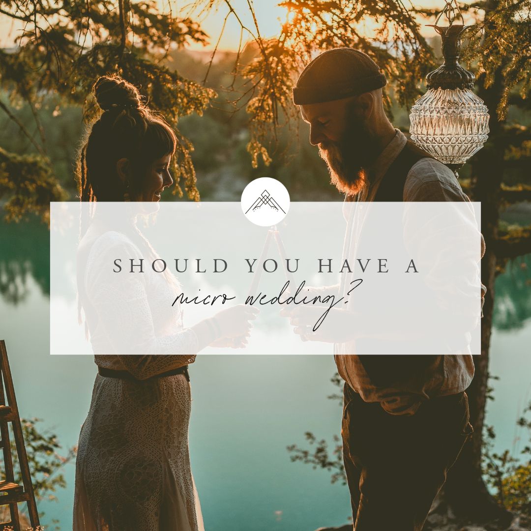 Ethereal silhouettes of a couple backlit by golden sunset light near a lake with text overlay about micro weddings.