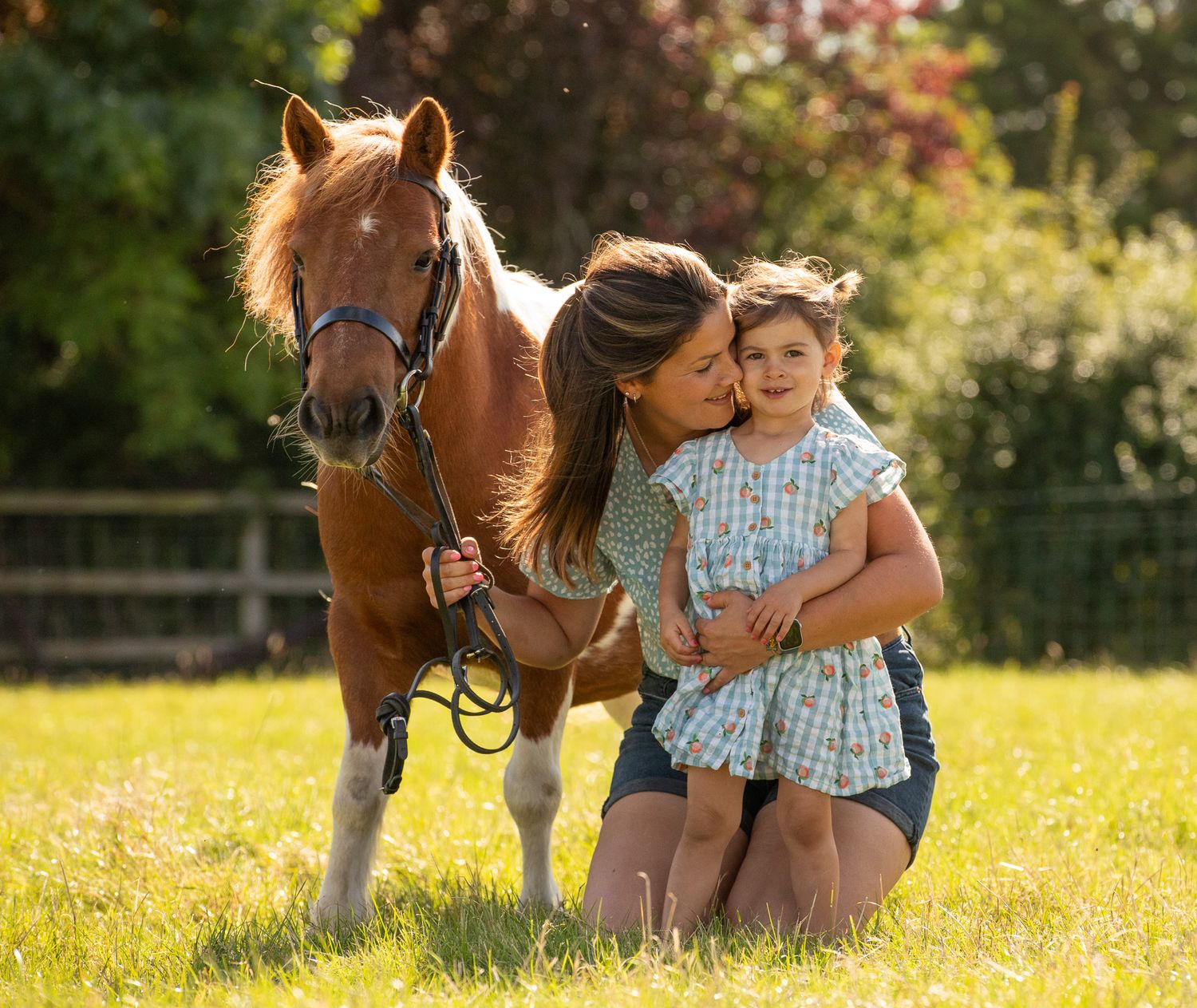 Beautiful chestnut horse stands beside companions in a sunny meadow with green trees in background.