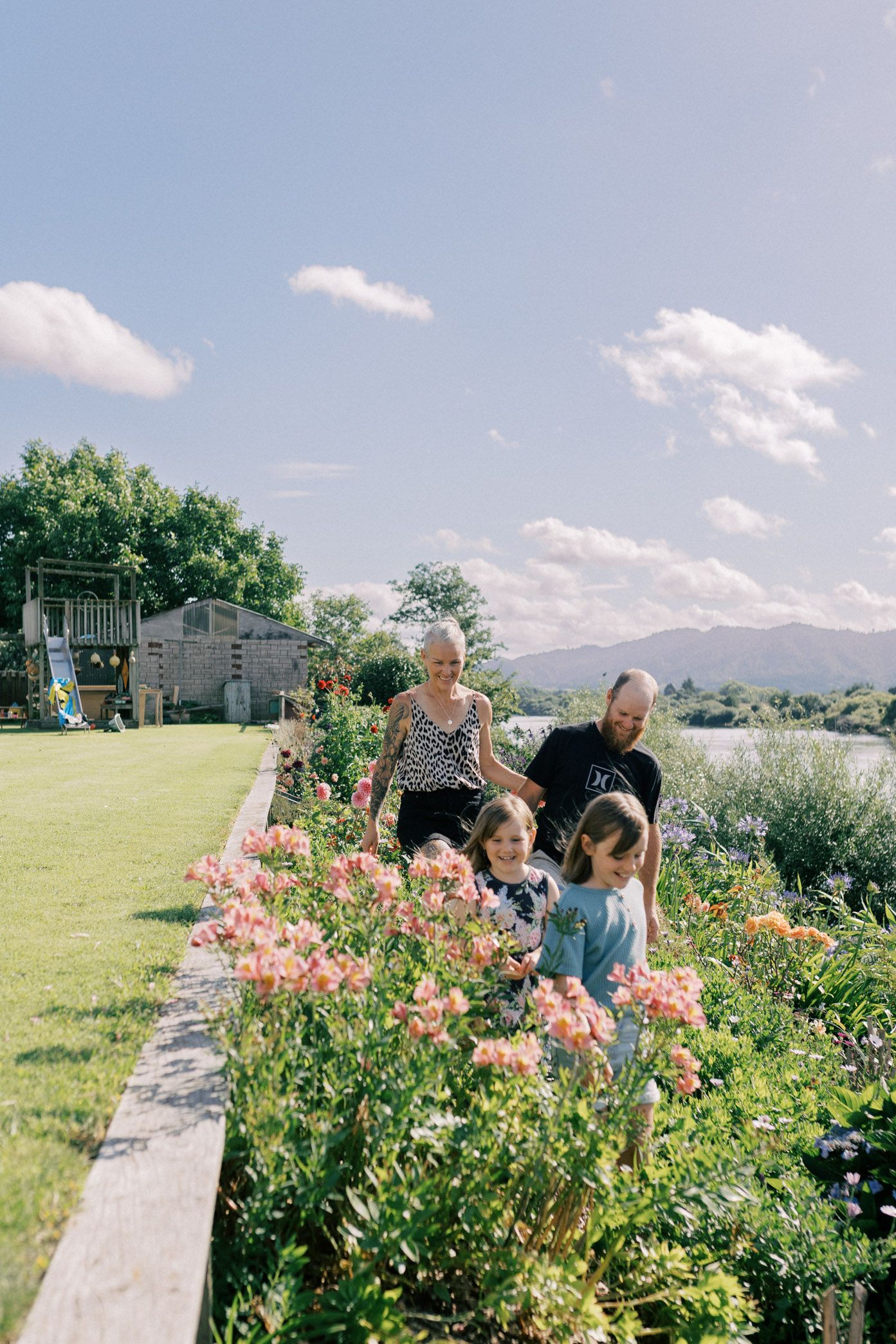 Colorful garden filled with blooming pink flowers along a stone wall on a sunny summer day with mountains in background.