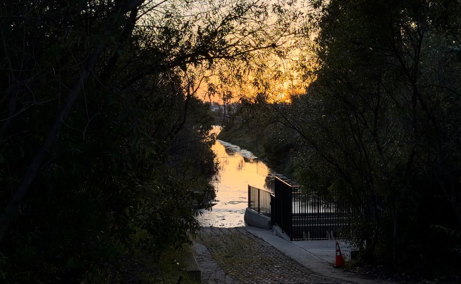 Sunset glow reflects on a calm canal winding through dense silhouetted trees at dusk.