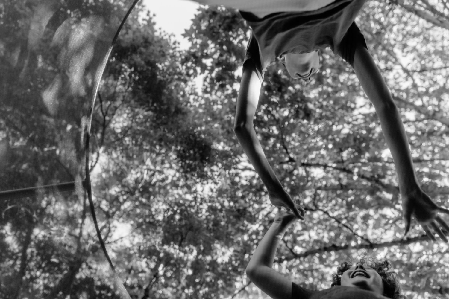Black and white photo of an acrobat performing aerial silk routine outdoors among lush trees.