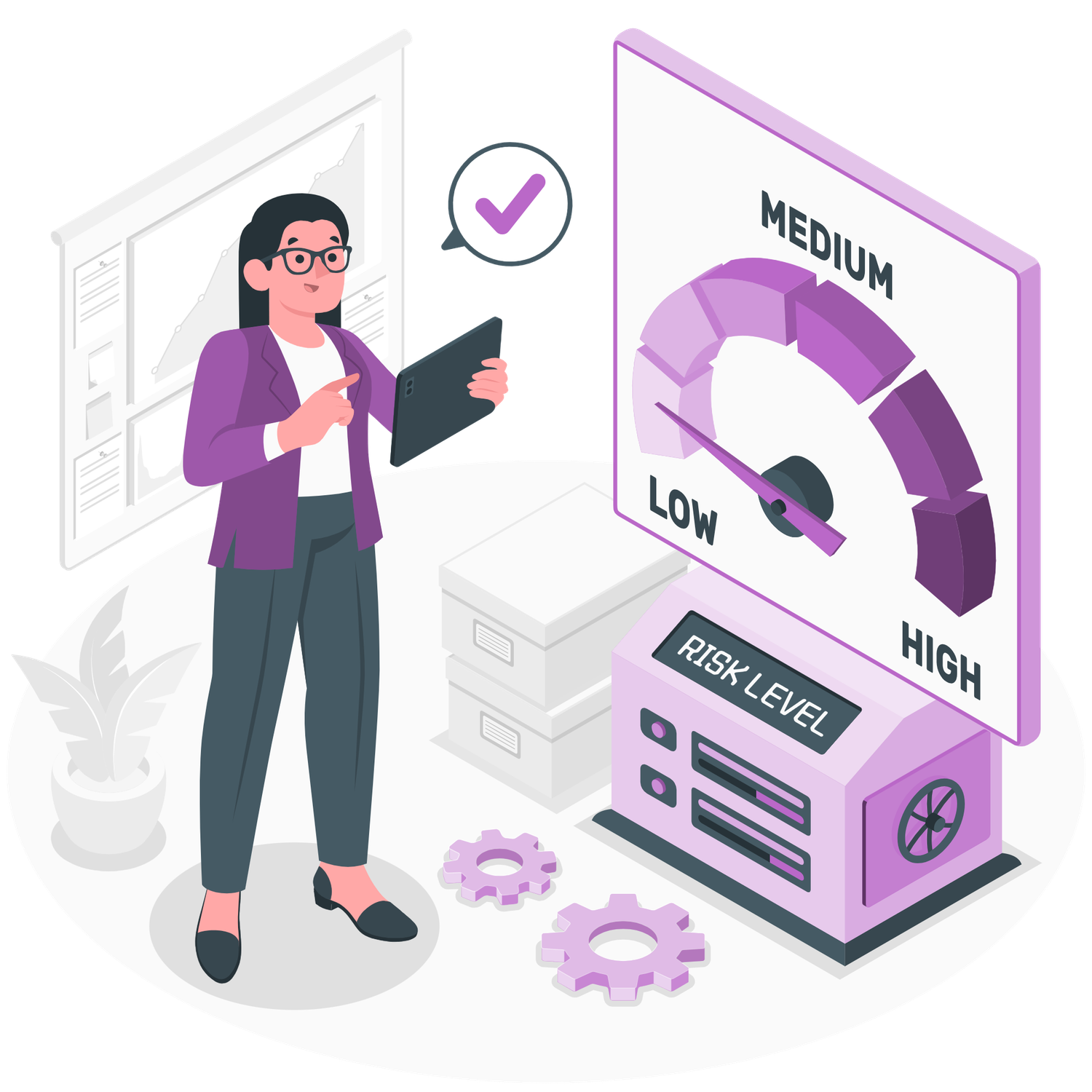 Isometric illustration of a businesswoman analyzing a risk level gauge showing medium risk assessment results.
