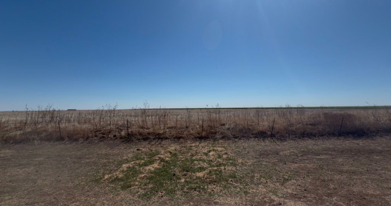 Vast open prairie landscape with dry brown shrubs under a clear blue sky on a sunny day.