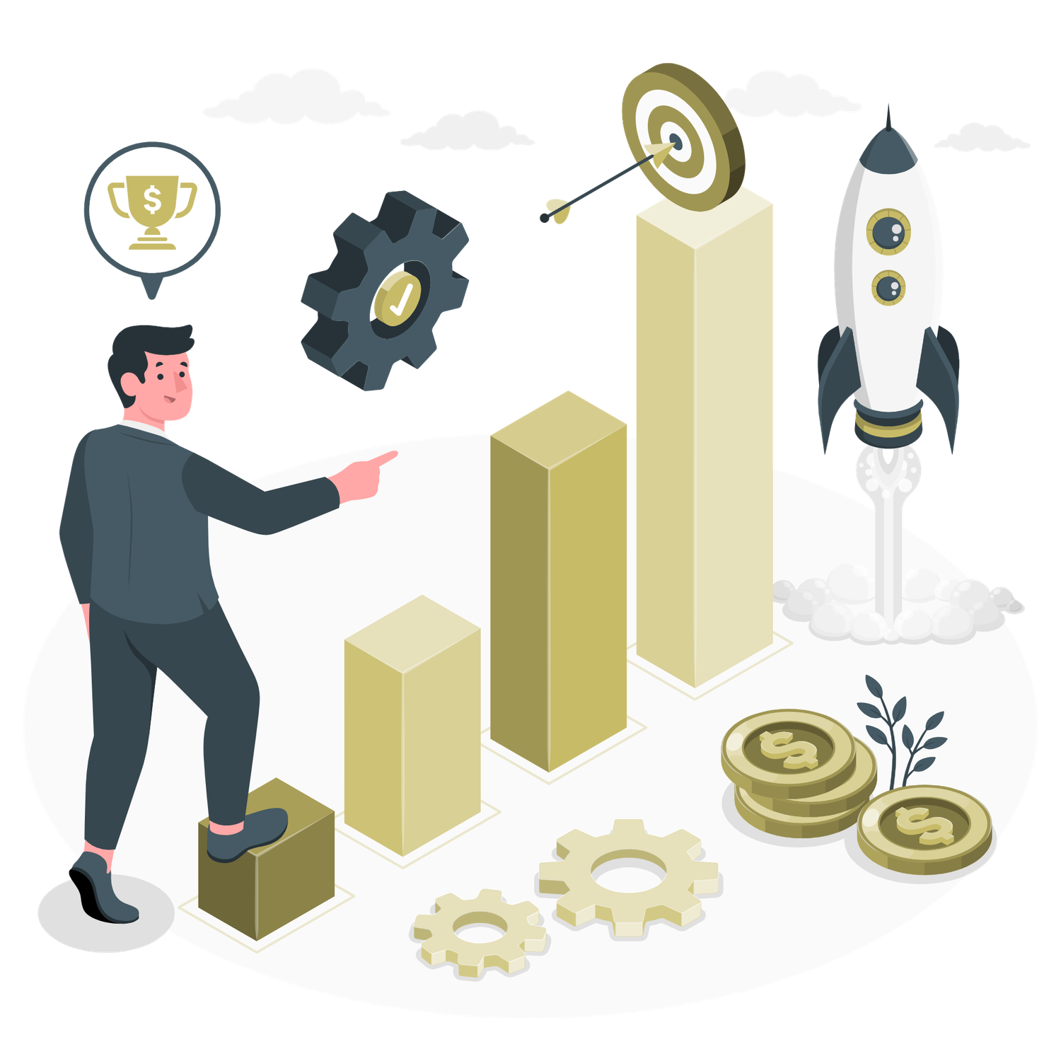 Business growth concept with man pointing at bar chart, rocket launch, gears, trophy, and gold coins illustration.
