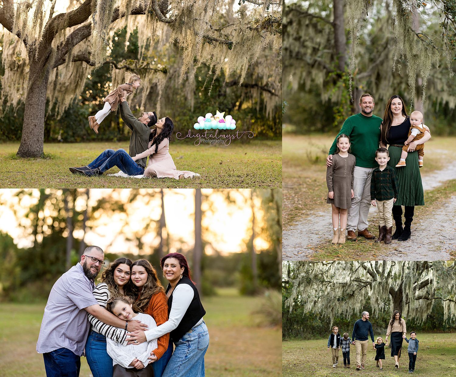 Family portrait collage with outdoor sessions under Spanish moss trees, featuring couples and children in coordinated outfits.