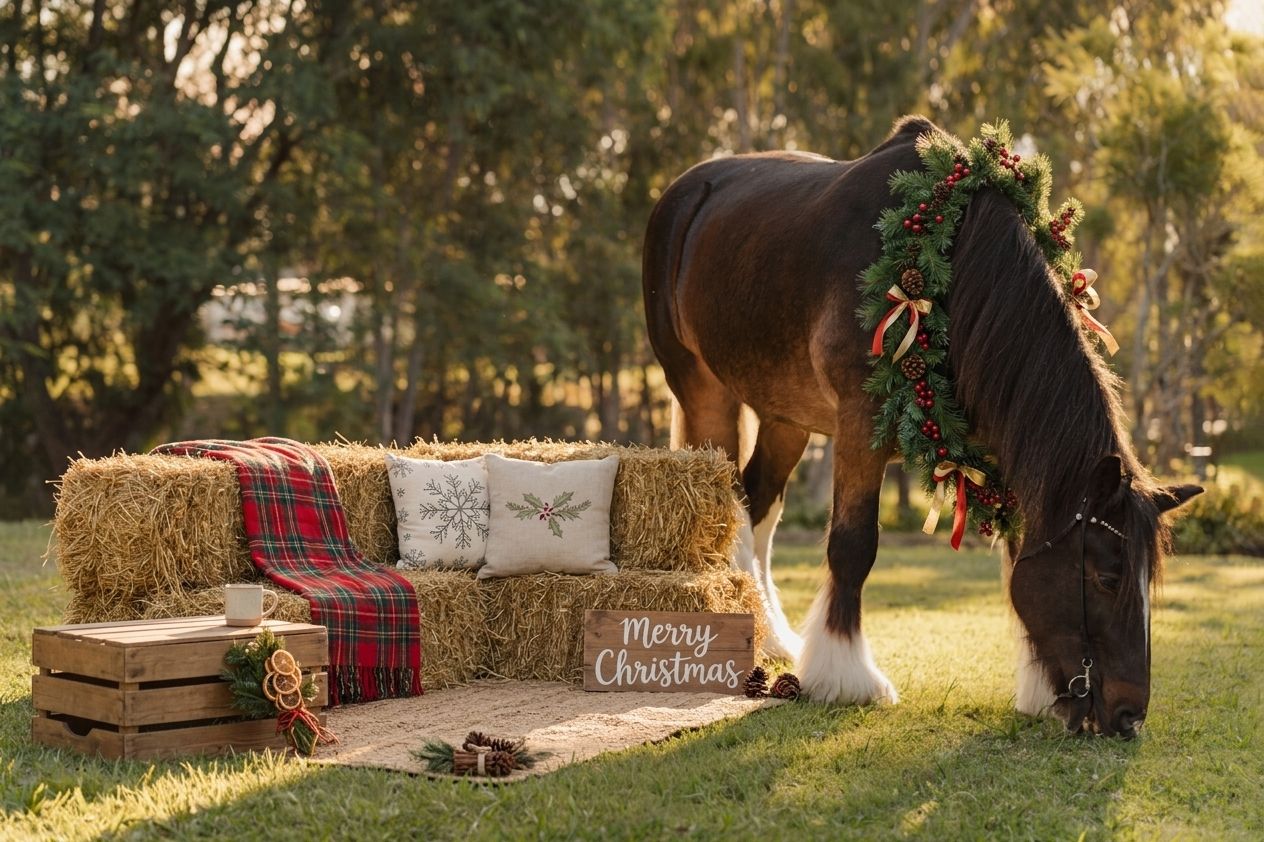 A horse with a Christmas wreath grazes beside bales and a festive Merry Christmas sign outdoors. for a Christmas mini photoshoot rouse hill