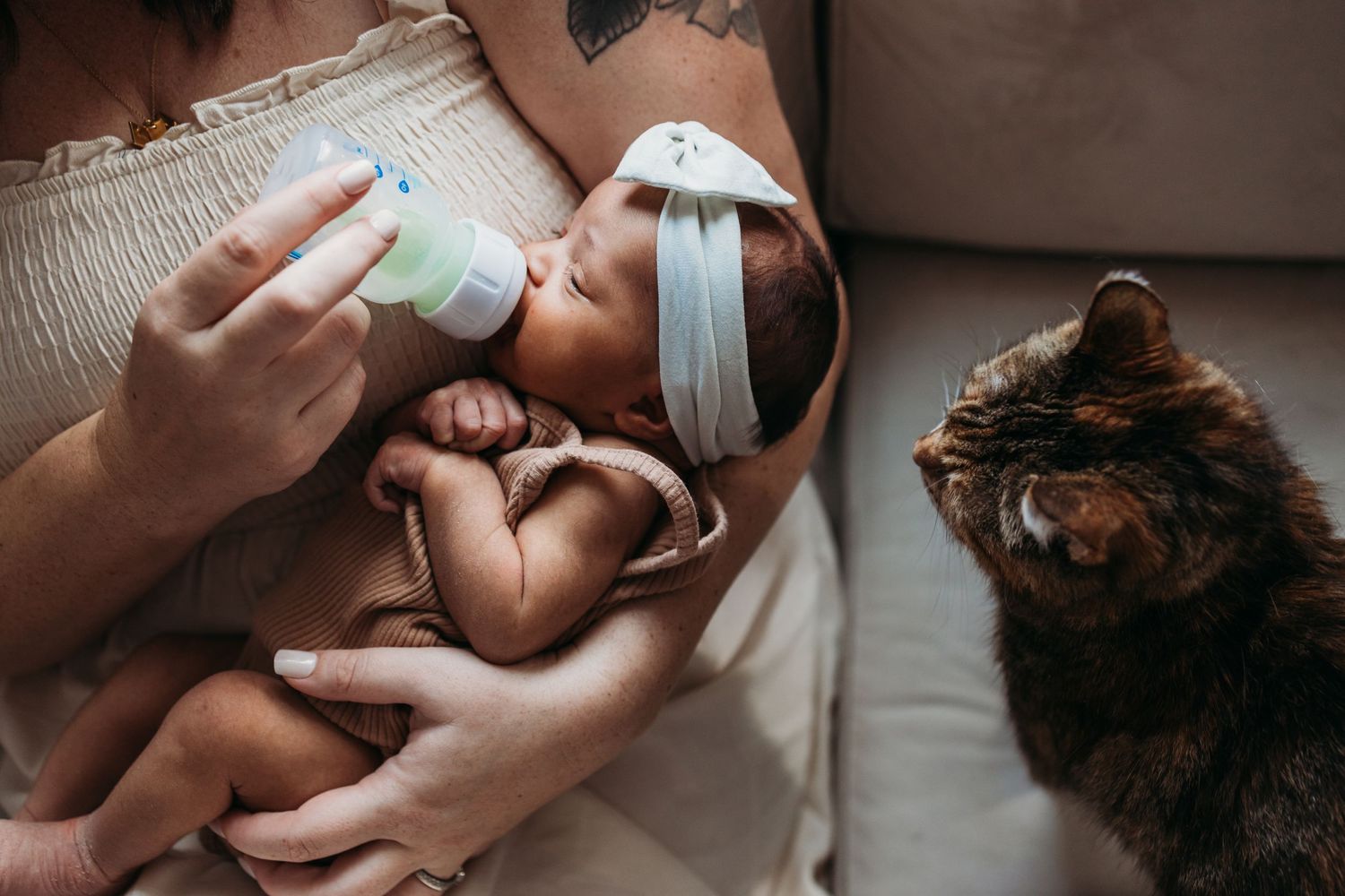 A newborn baby being bottle fed while a curious brown cat watches from nearby on a cozy couch.